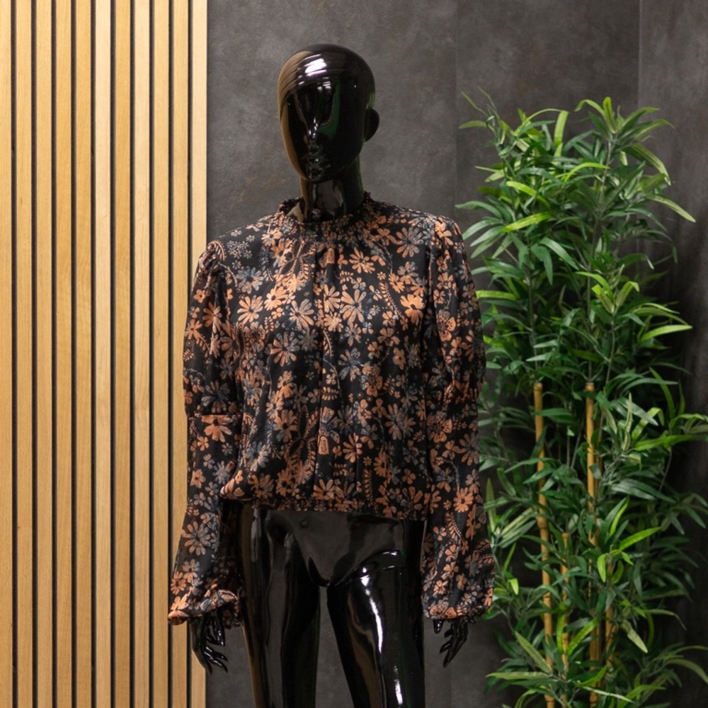 Free People Sheer Black Flower Blouse Long Sleeve, Size M